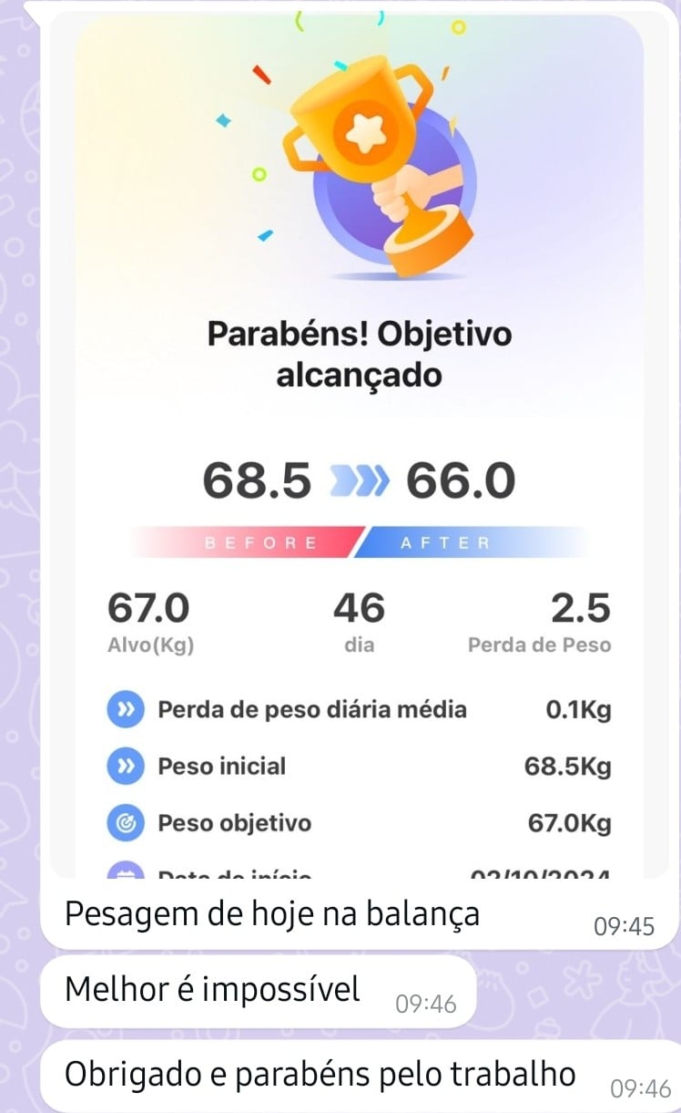 Print de pesagem de 68,5 para 66 kg. Mensagens: pesagem de hoje na balança; melhor é impossível; obrigado e parabéns pelo trabalho.