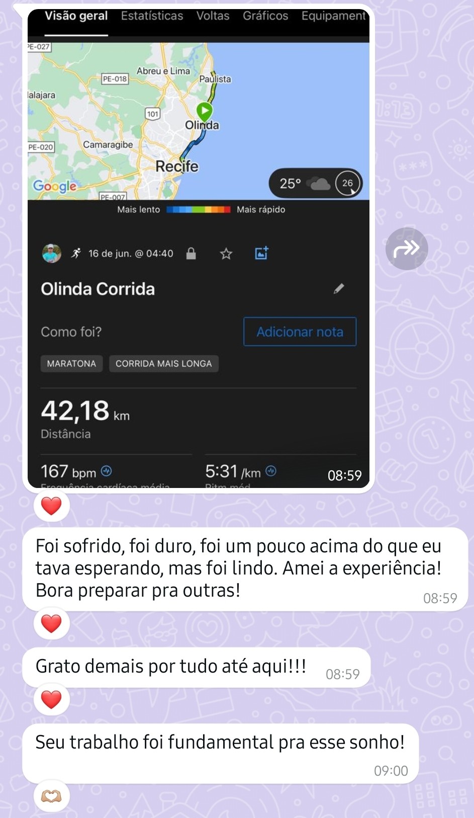 Registro de maratona de 42,18 km. Mensagens agradecem pelo acompanhamento e dizem: seu trabalho foi fundamental pra esse sonho.